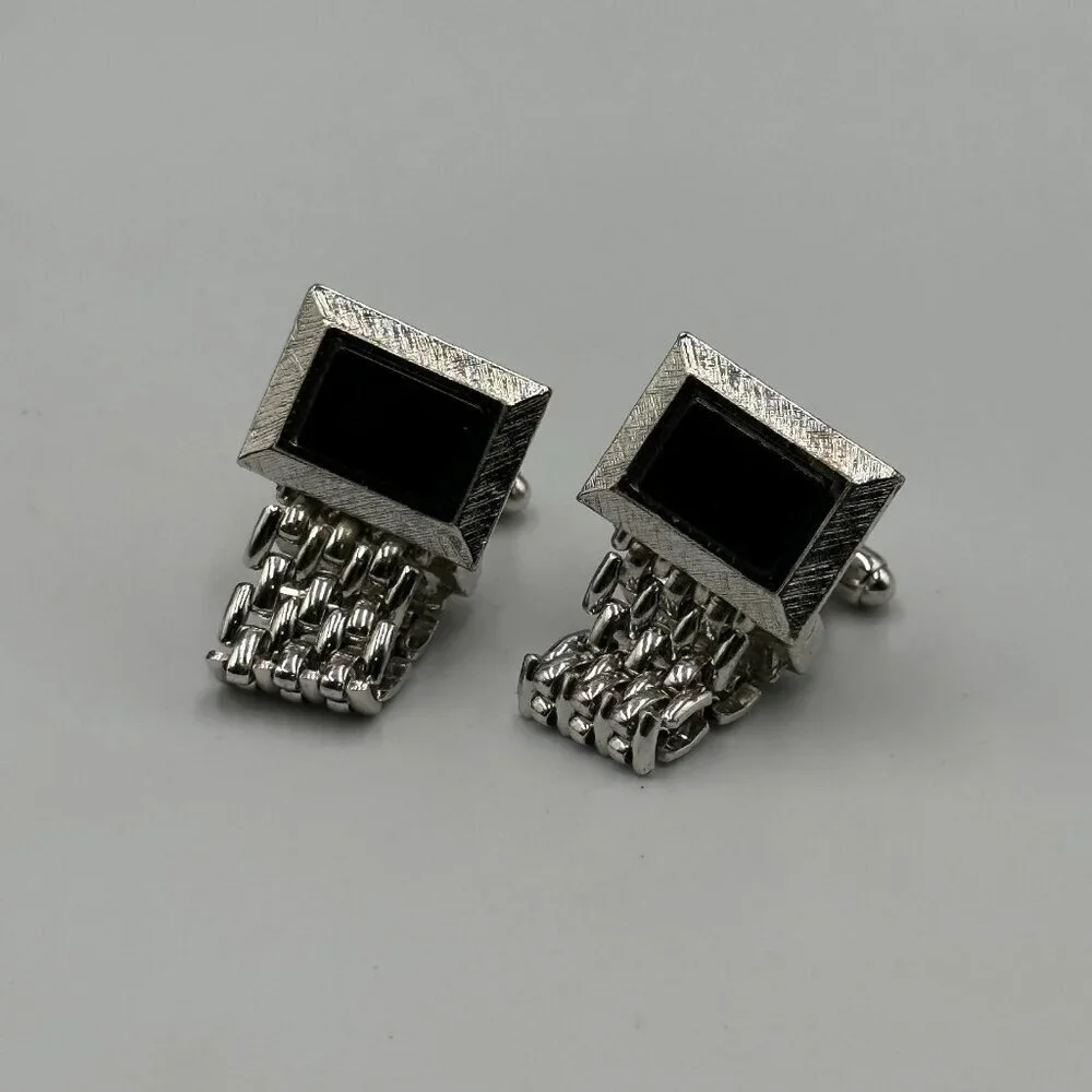 Vintage Dante Cufflinks Silver Tone Black Enamel Square Mesh Wraparound